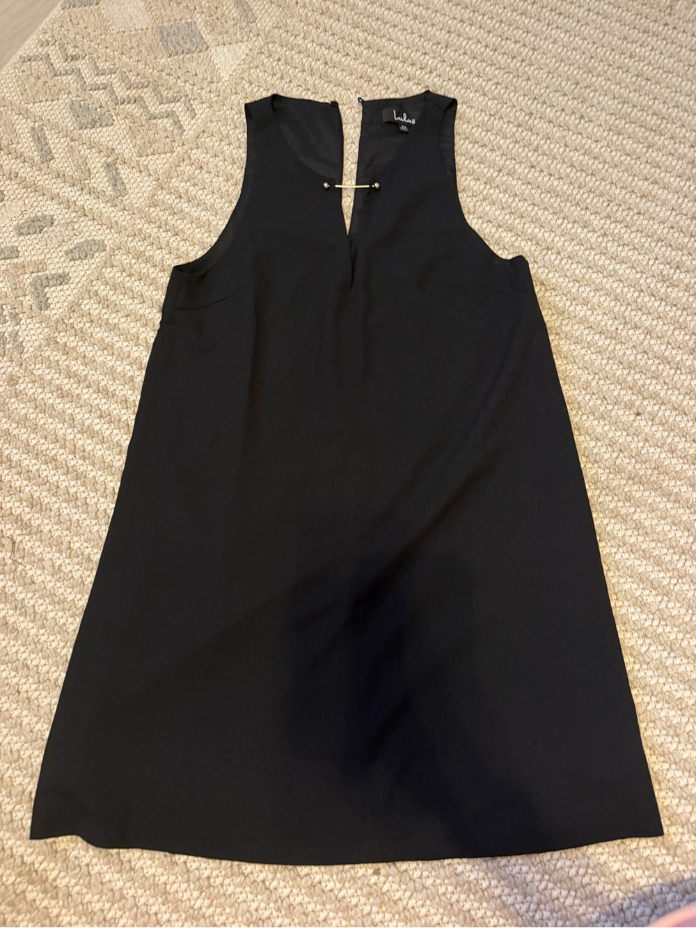 Lulu's Black Sleeveless Mini Dress with Gold Pin Detail